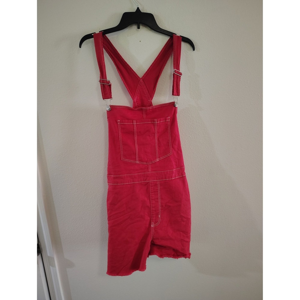 Gabes Red Denim Shortalls White Contrast Stitch Raw Hem Plus Size XXXL 21‎